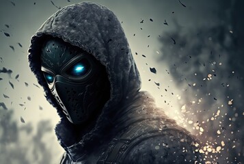a villain man wearing mask with destruction  scatter crack piece 