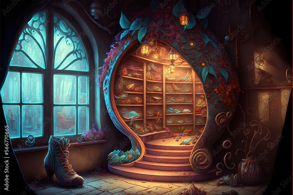 Poster a painting of a room with a window and a shelf full of shoes and other items on the floor and in fro