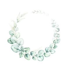 Watercolor greenery frame with eucalyptus and fern leaves.