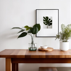 Wooden table with potted plants, poster on the wall.  Modern interior. Generative Ai