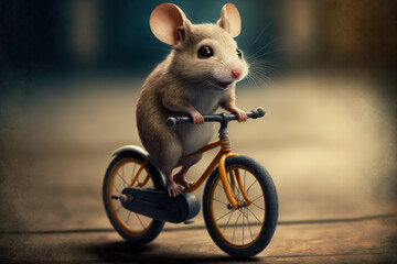 Maus auf einem Fahrrad, fährt lächelnd auf der Straße