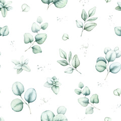 Greenery seamless pattern with eucalyptus leaves.