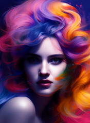 Artistic portrait of a beautiful woman with very colorful hair