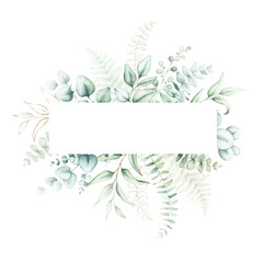 Watercolor greenery frame with eucalyptus and fern leaves.