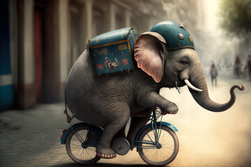 Elefant auf einem Fahrrad mit Helm und Tornister - obrazy, fototapety, plakaty