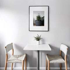 White interior in scandinavian style with two chairs, a table and a poster on the wall. Generative Ai