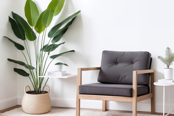 Scandinavian home interior with armchair and plants. Generative Ai