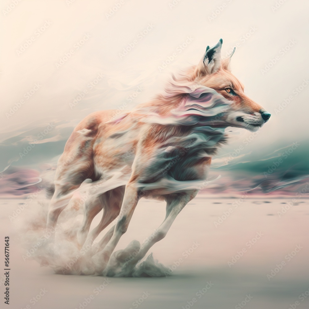 Poster a digital painting of a fox running on a sandy beach with a cloudy sky in the background and a blurr