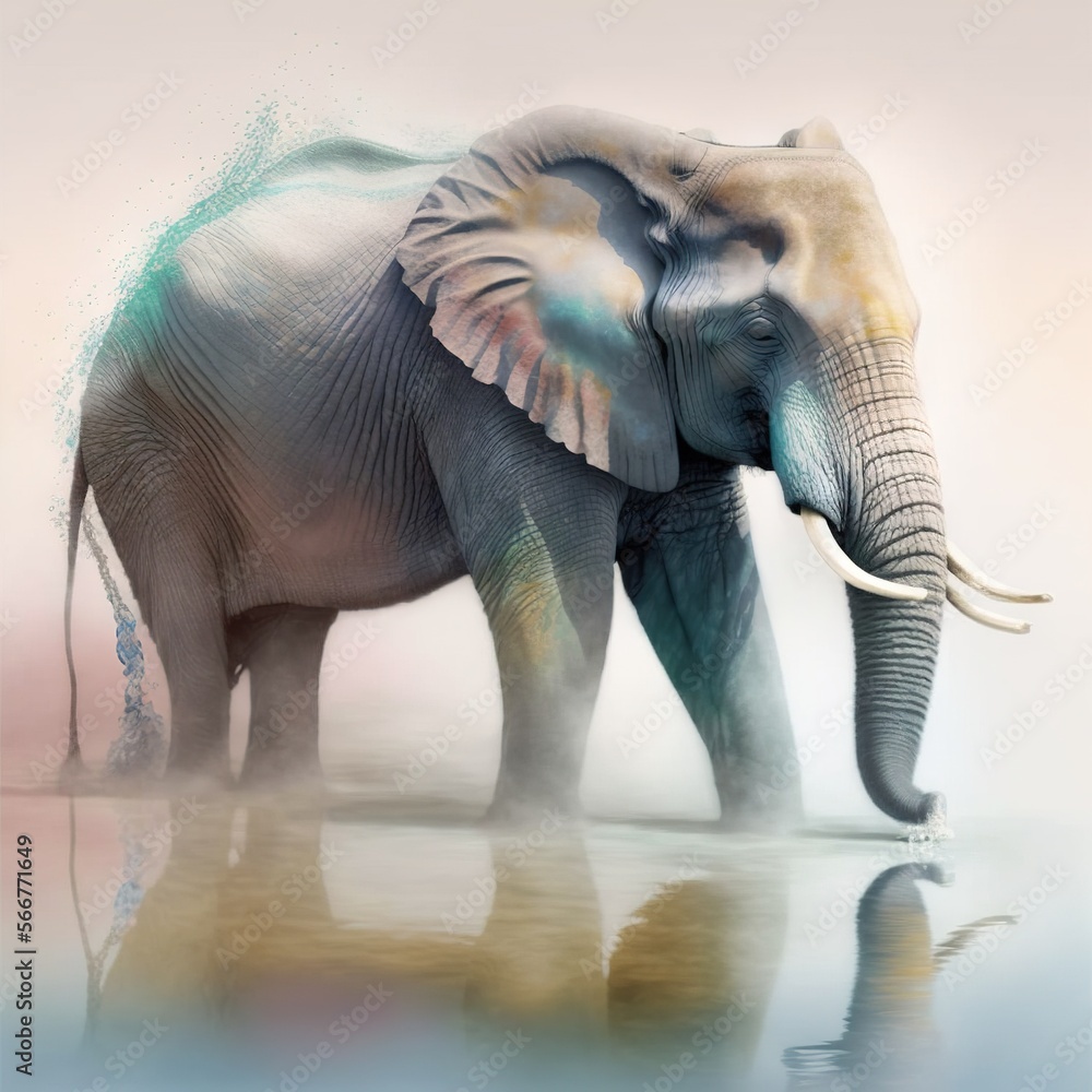 Poster an elephant standing in the water with its trunk in the air and it's trunk in the air with its trunk