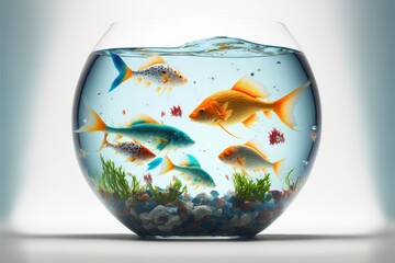  a fish bowl filled with lots of different types of fish in it's aquarium tank with water and rocks below it, on a light blue background.  generative ai