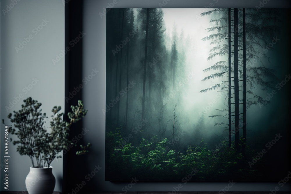 Poster a painting of a forest with trees in the background and a vase with a plant in the foreground with a