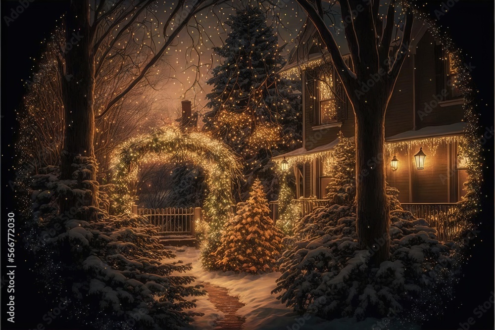 Poster a painting of a christmas scene with a lighted archway and trees in the snow at night with lights on