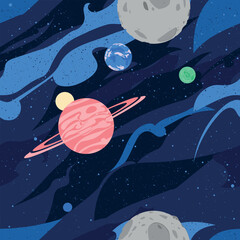 Fantasy Universe seamless pattern background with planets in front