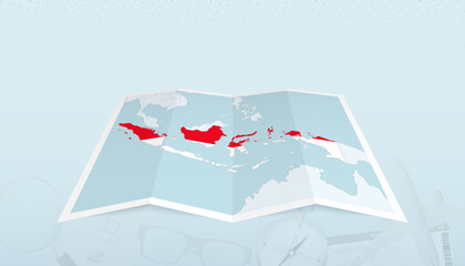 Map of Indonesia with the flag of Indonesia in the contour of the map on a trip abstract backdrop.