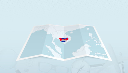 Map of Cambodia with the flag of Cambodia in the contour of the map on a trip abstract backdrop.