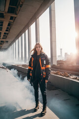 A Fictive person. Portrait of a woman standing on a unfinished building and smoke coming out of floor, pants and jacket, tech wear, engineer at building site.  Construction manager. Generative AI