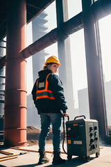 A Fictive person. Portrait of a woman in a hard hat and safety vest holding a welding machine in front of a large window with a large pipe, engineer at building site. Generative AI