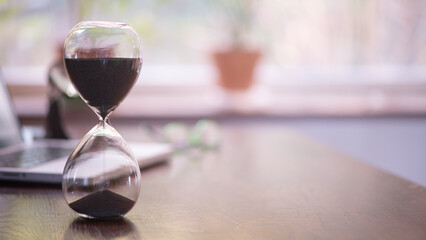 Zoom background, hour glass and laptop, deadline concept, home office