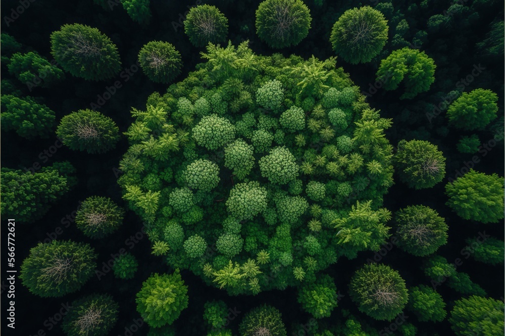 Poster an aerial view of a forest with lots of trees in the middle of the image and the tops of the trees i