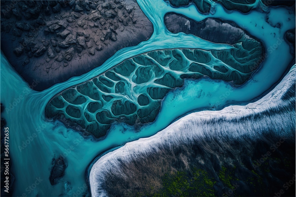 Poster an aerial view of a river flowing through a valley with a green patch of land in the middle of the r