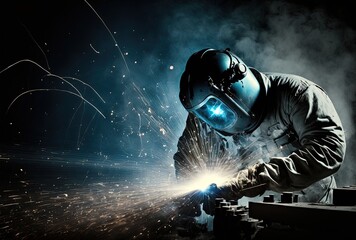 Fototapeta illustration of welder is welding metal , industry them bokeh and sparkle background, Generative Ai
 obraz