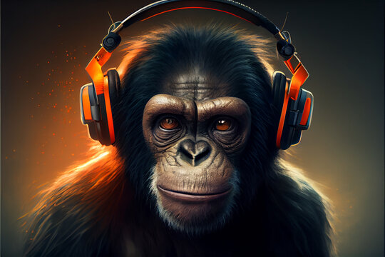 portrait of a chimpanzee monkey with headphones