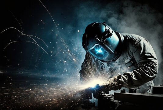 illustration of welder is welding metal , industry them bokeh and sparkle background, Generative Ai
