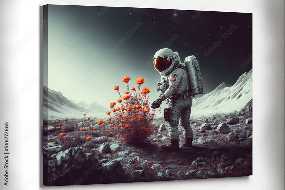 Poster a man in a space suit standing in a field of poppies with mountains in the background and flowers gr