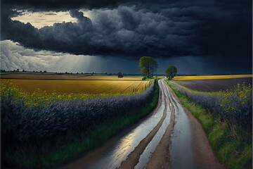  a painting of a dirt road leading to a field of crops under a dark sky with storm clouds and sun rays coming through the clouds.  generative ai