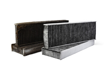 Clean and dirty cabin air filter for car isolated on white background.