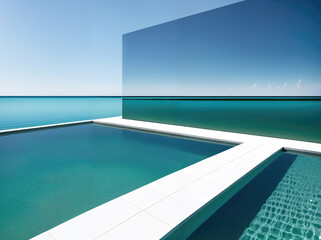 Fototapeta na wymiar Luxury house with terrace and swimming pool on sea view background. Abstract minimalist architecture. Generative Ai
