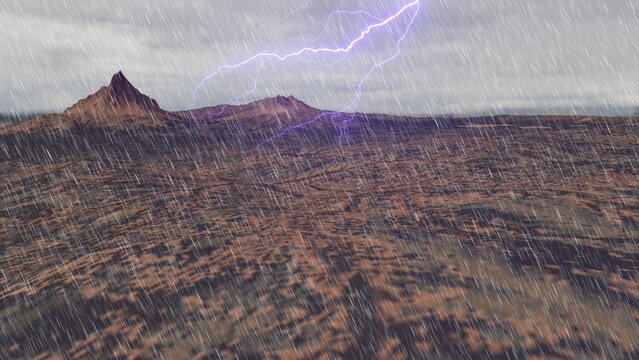 Rain in the desert, a natural landscape, lightning over the mountains and clouds in the sky.