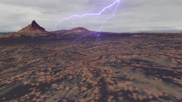Lightning over the desert, an autumnal landscape, dry ground and clouds in the sky.
