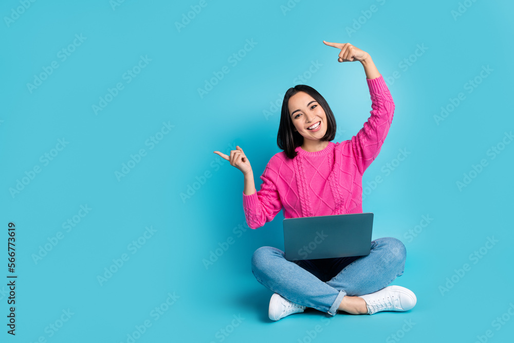 Sticker Full length photo of cute shiny woman dressed pink sweater working apple samsung gadget empty space isolated blue color background