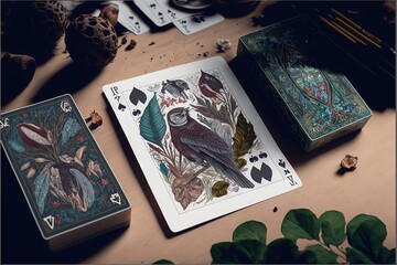  a deck of playing cards with a bird on one of the decks and a box of playing cards on the other side of the deck.  generative ai