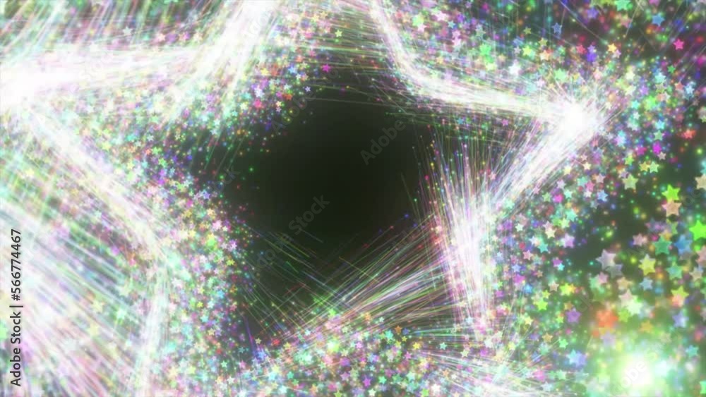 Poster abstract multicolor futuristic stars magical particle moving on dark background, camera flying throu