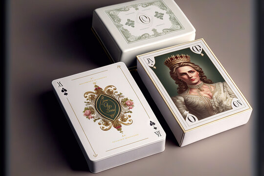 a deck of cards with a picture of a woman in a crown on one of the decks and a playing card on the other side.  generative ai