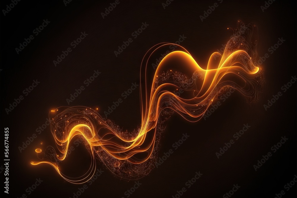 Poster a computer generated image of a wave of orange and yellow lights on a black background with a black 