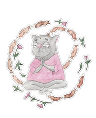 Illustration - watercolor, cat doing yoga, in meditation