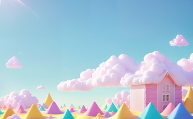 Multi colored dreamy landscape made from sweet  soft marshmallows, pink house, cloudy sky, abstract art, fantasy pastel colours background. Generative Ai