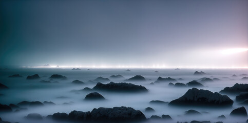 Fototapeta premium Dramatic mystic foggy landscape with rocky seashore. Panoramic wallpaper. Generative Ai