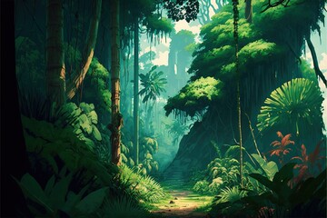  a painting of a jungle scene with a path through the trees to the waterfall and a forest with lots of tall trees and plants on either side of the path.  generative ai