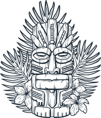 Design of trendy hawaii wooden tiki mask for surfing bar. Traditional ethnic idol and hawaiian surf, maori or polynesian. Old tribal totem - obrazy, fototapety, plakaty