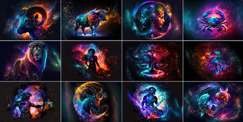 Set of zodiac signs against space nebula background. Astrology calendar. Esoteric horoscope and fortune telling concept. Created with Generative AI - obrazy, fototapety, plakaty