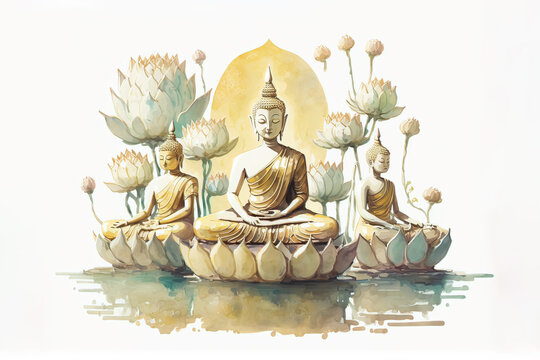 The nature of buddhas and bodhisattvas, sitting on beautiful spectral light golden lotus. Generative AI