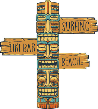 Fototapeta Design of trendy hawaii wooden tiki mask for surfing bar. Traditional ethnic idol and hawaiian surf pointer, maori or polynesian. Old tribal totem