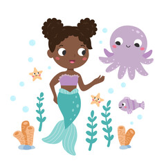 Beautiful mermaid with octopus, fish and starfish. Cute fairy tale characters. Underwater life. Cartoon children's style. Flat vector illustration. - obrazy, fototapety, plakaty