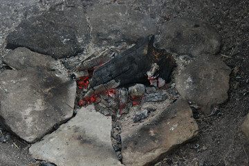 A place for a bonfire made of stones in nature, coals, a bowl with mushrooms.