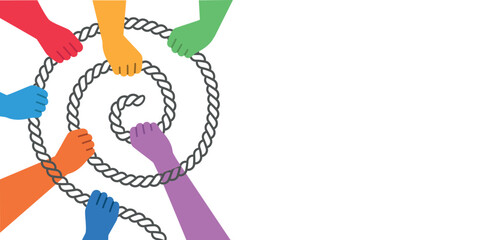 Hands hold on to the rope in the form of a spiral.