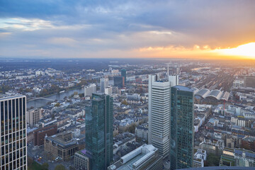 Fototapeta premium Aerial view at sunset of the city of Frankfurt in Germany.